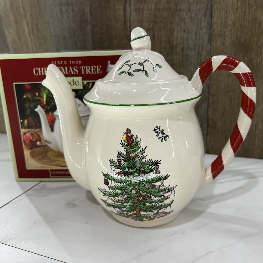 NEW Spode Christmas Tree Teapot & Lid Candy Stripe Peppermint Handle 32oz